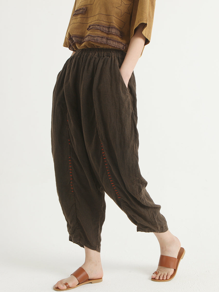 Linen Vintage Women Elastic Waist Loose Pants