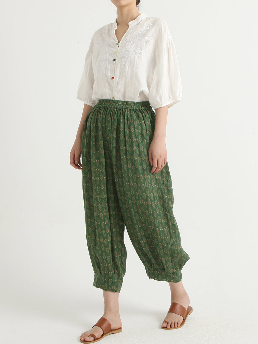 Linen Vintage Floral Women Loose Harem Pants