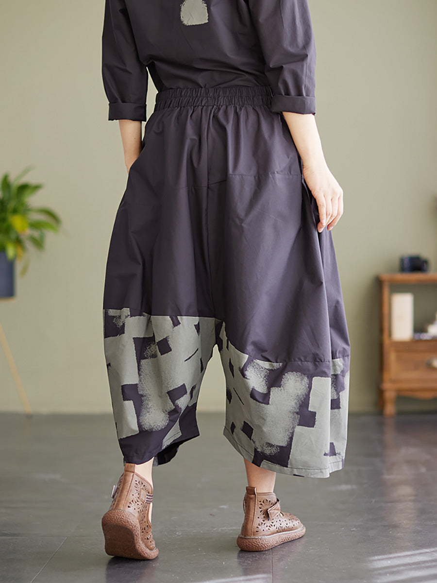 Women Elastic Waist Cotton Loose Wide Leg Pants