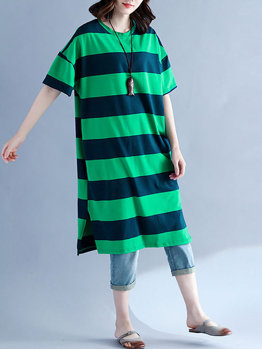 Plus Size Women Casual Striped O-Neck Short Sleeve Loose Dress