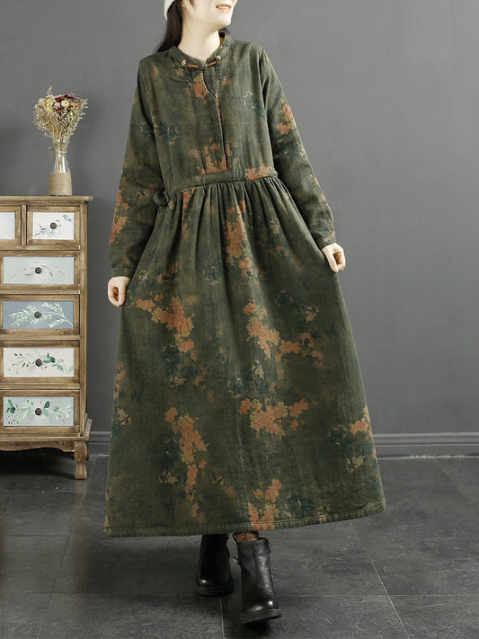 Plus Size Women Autumn Vintage Leaf Print Cotton Dress