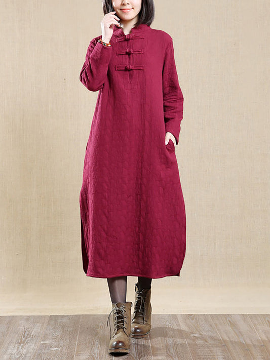 Plus Size Women Autumn Literature Stand Collar 100%Cotton Dress