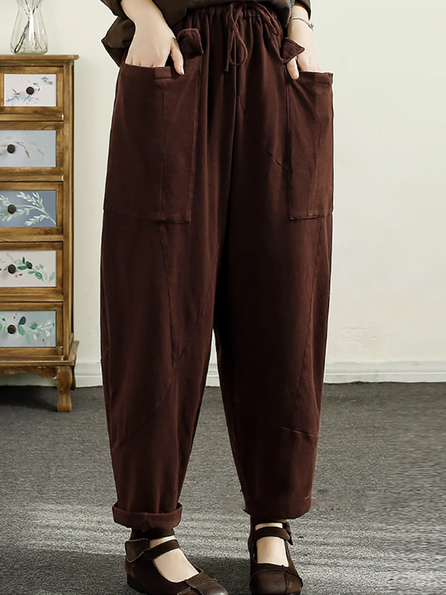 Women Summer Vintage Solid Pocket Harem Pants