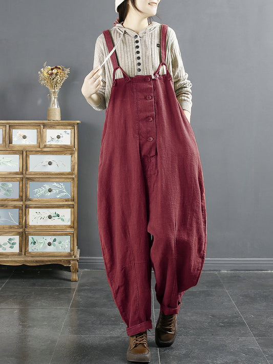 Plus Size Women Vintage Solid Linen Loose Jumpsuits