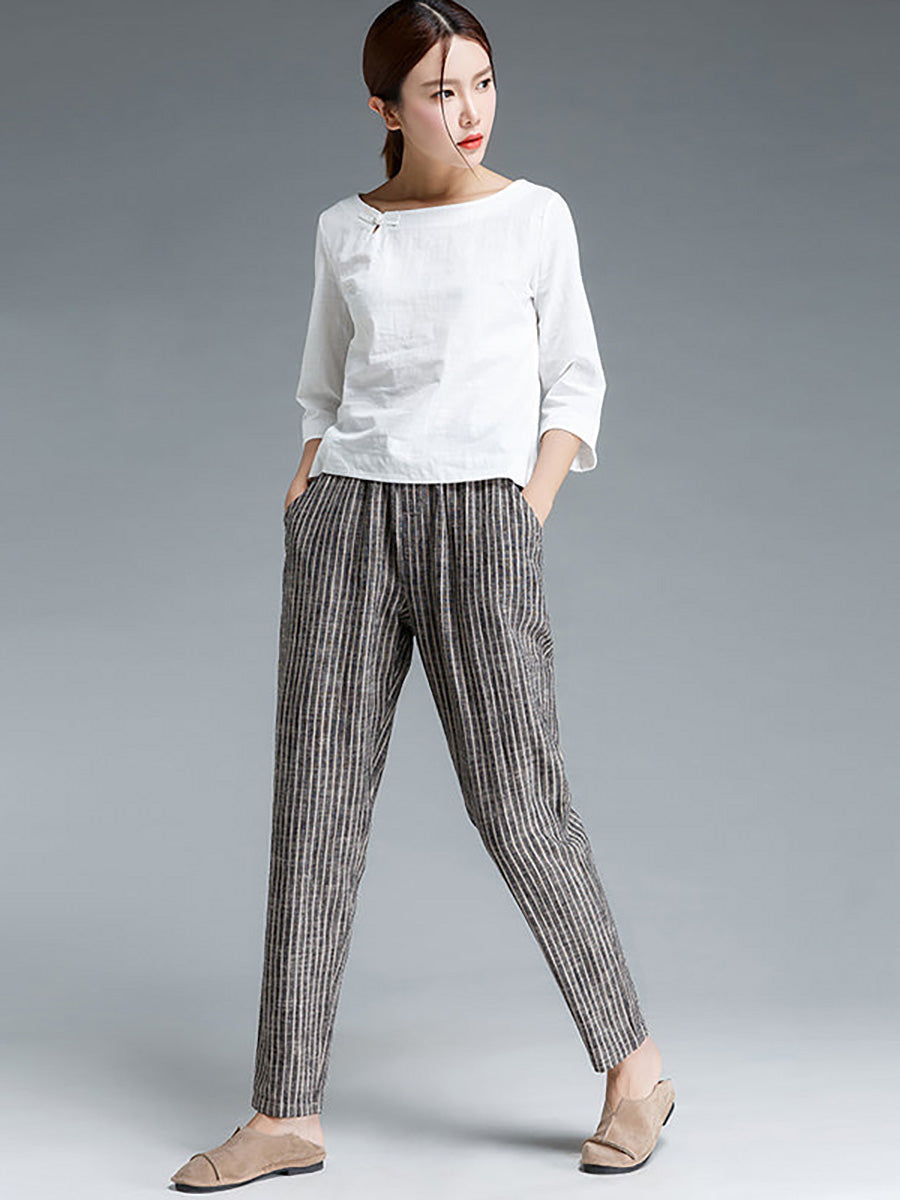 Plus Size Buykud Stripe Cotton Linen Women Pants