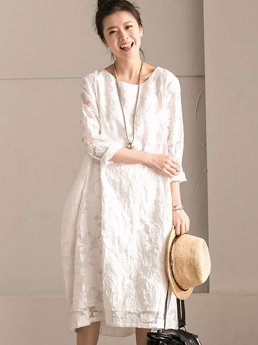 Plus Size Women Autumn Solid Lace Floral White Dress