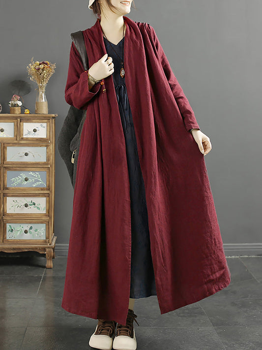 Plus Size Women Autumn Casual Solid Strap 100%Linen Coat