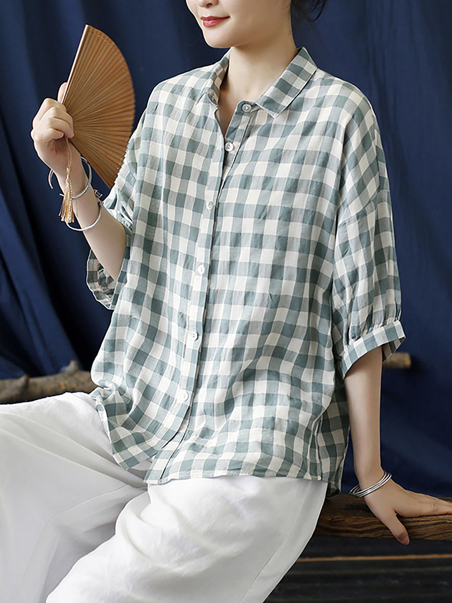 Plus Size Linen Summer Plaid Vintage Women Loose Shirt