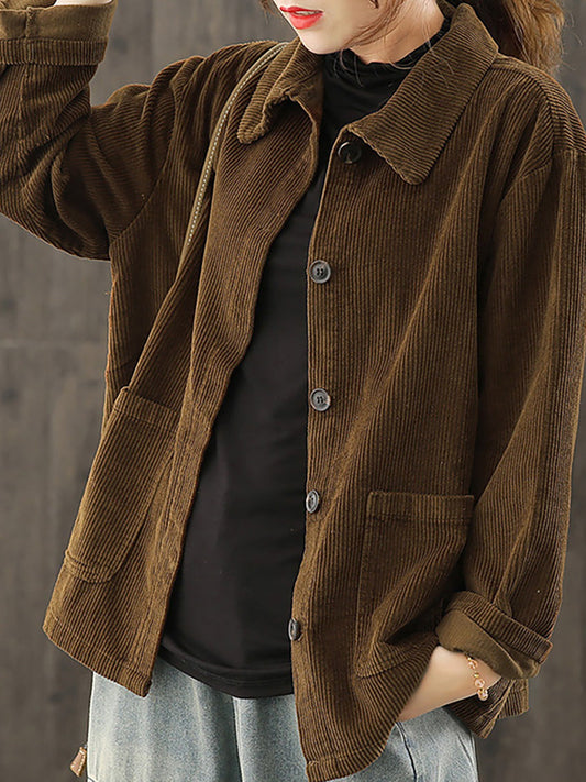 Plus Size Women Solid Color Pocket Corduroy Jacket Coat