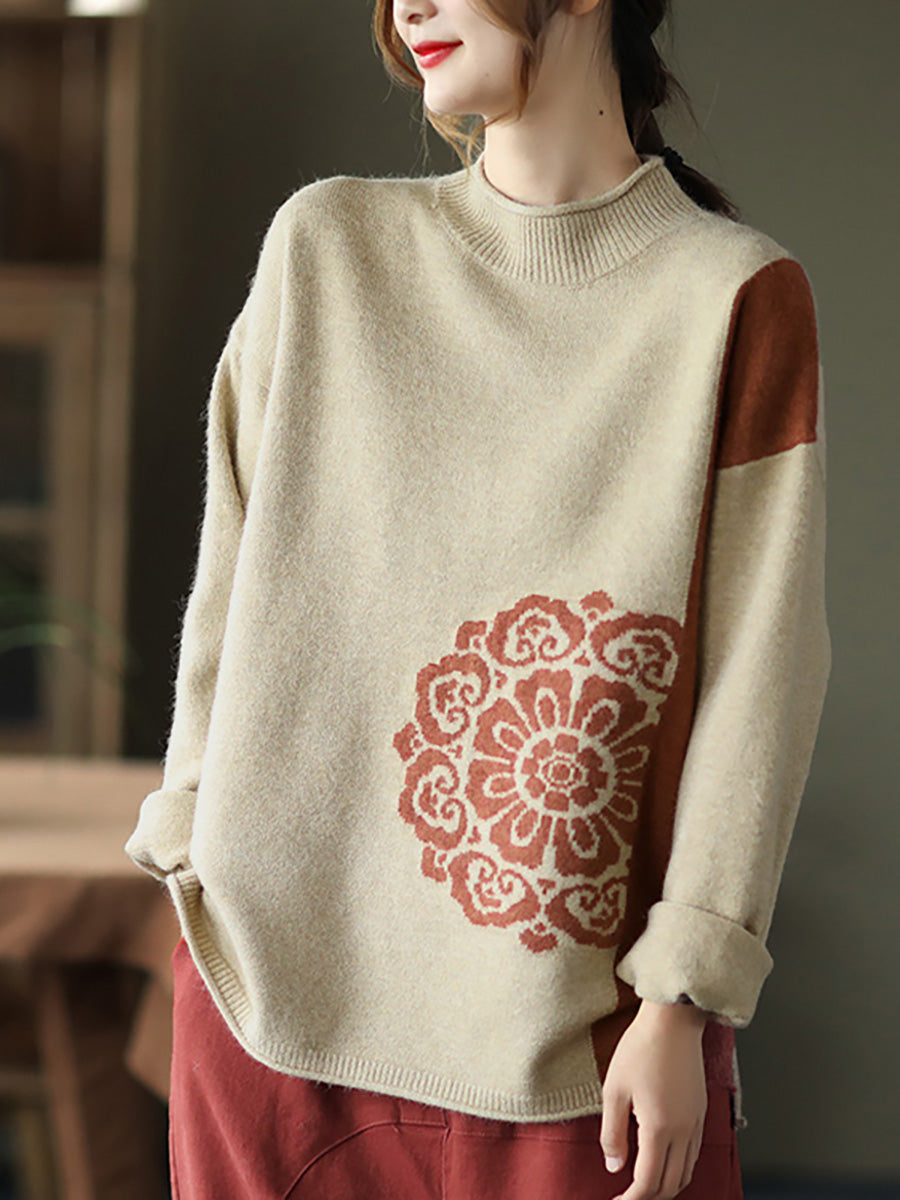 Winter Retro Flower Knitted Sweater Jumper