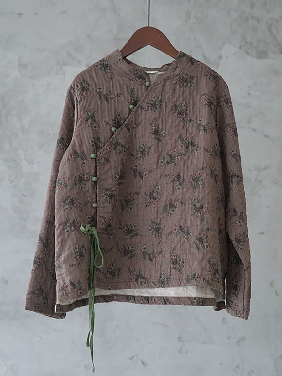 Plus Size - 100% Cotton Floral Retro Lace-up Sweatshirt