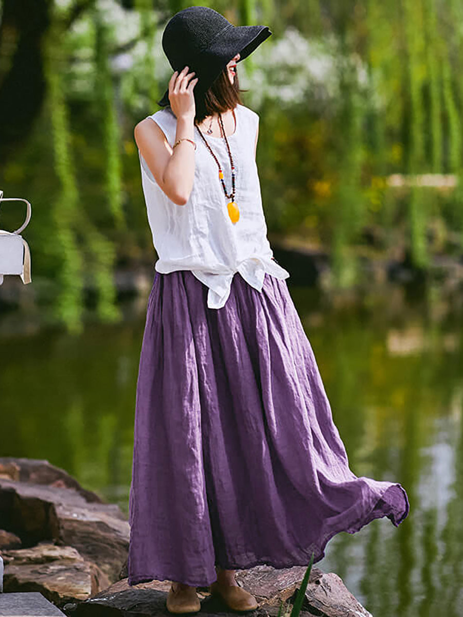 Plus Size - 100% Linen Women Pure Color Skirt