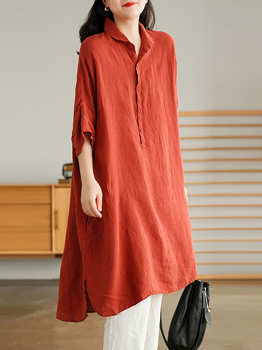 Plus Size Linen Women Casual Pure Color Split Shirt