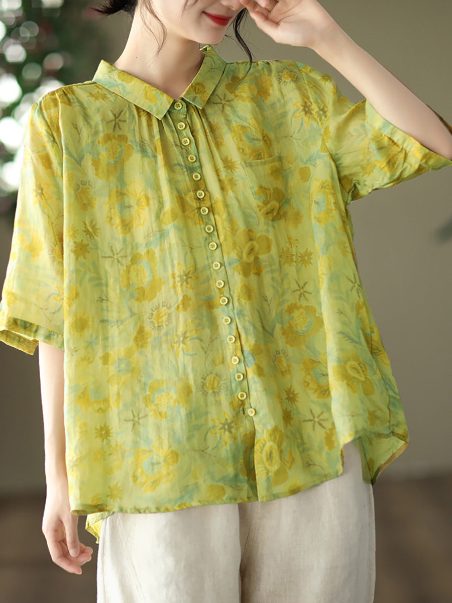 Plus Size Vintage Floral Ramie Casual Summer Women Shirt