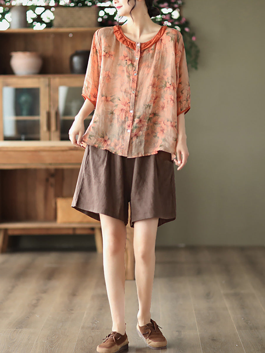 Plus Size Floral Ramie Vintage Summer Women Shirt