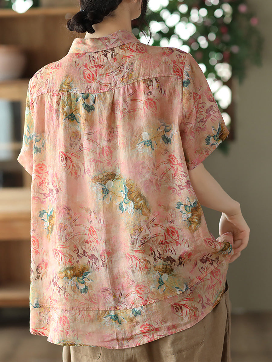 Plus Size Floral Ramie Vintage Summer Women Loose Shirt