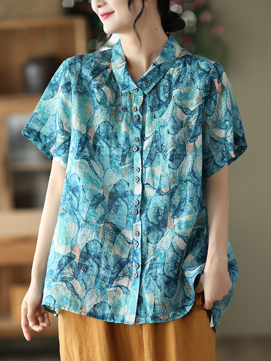 Plus Size Floral Ramie Vintage Summer Women Loose Shirt