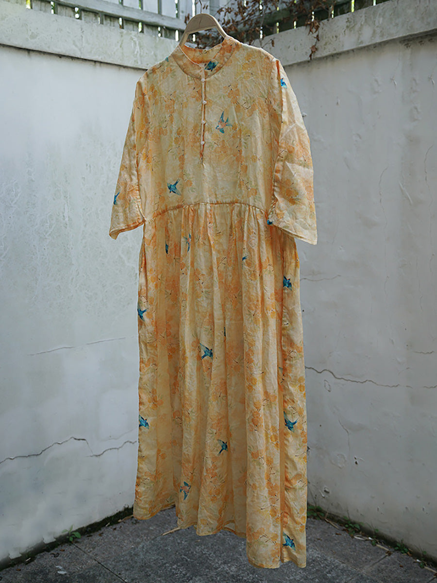 Plus Size Ramie Floral Vintage Women Summer Loose Dress