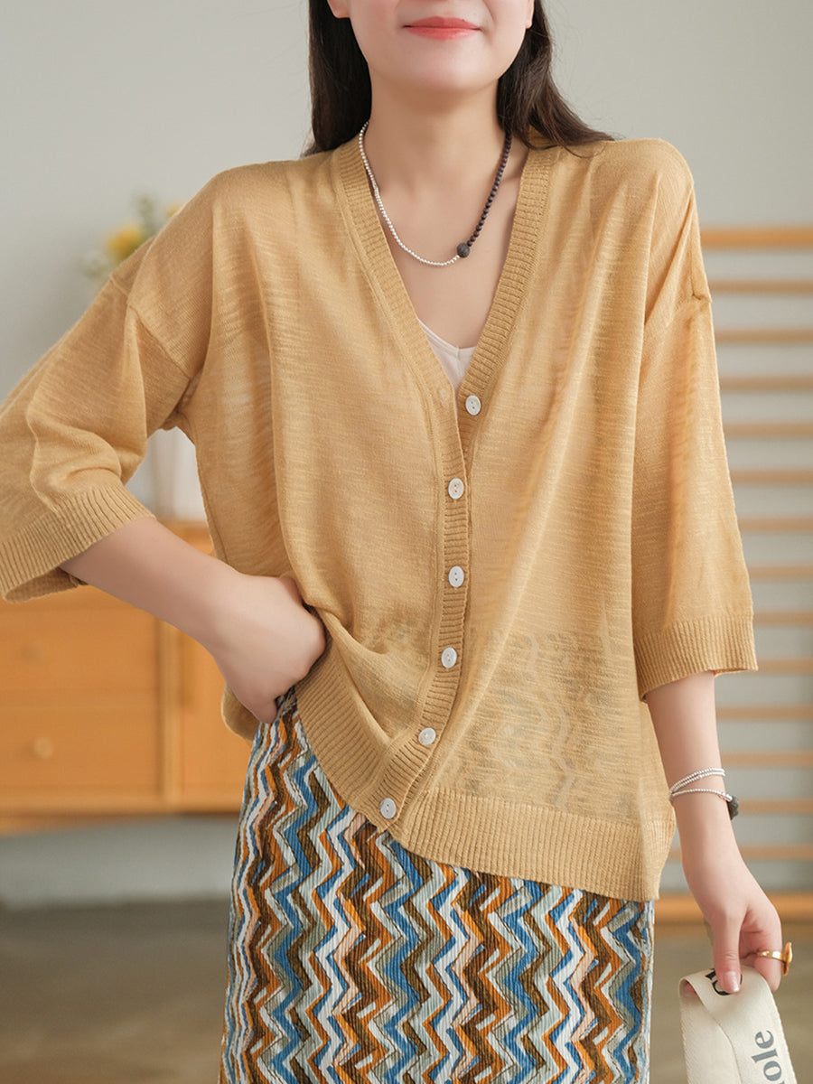 Plus Size Women Summer V-Neck Casual Loose Knit Shirt