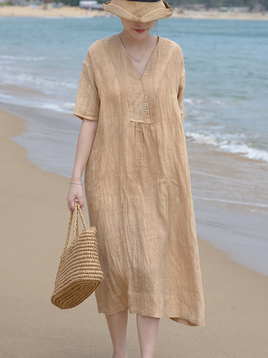 Plus Size V Neck Vintage Linen Women Loose Dress