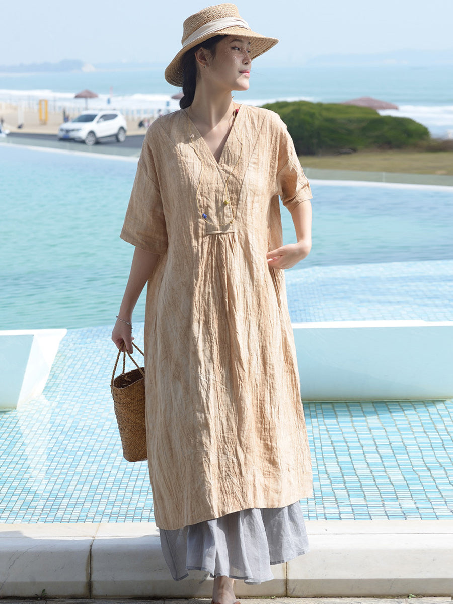 Plus Size V Neck Vintage Linen Women Loose Dress