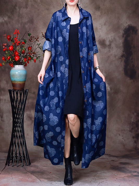 Women Streetwear Printed Denim Long Coat