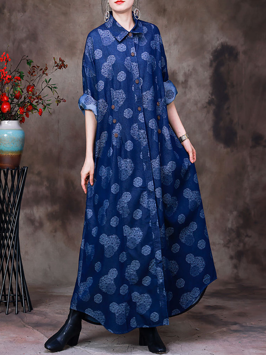 Women Streetwear Printed Denim Long Coat