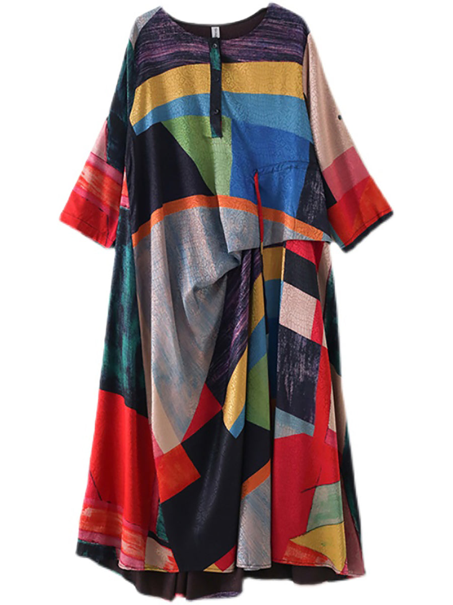 Plus Size Women Ethnic Print Irregular Long Dress