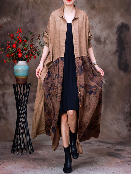 Women Cotton Linen Patchwork Vintage Long Cardigan