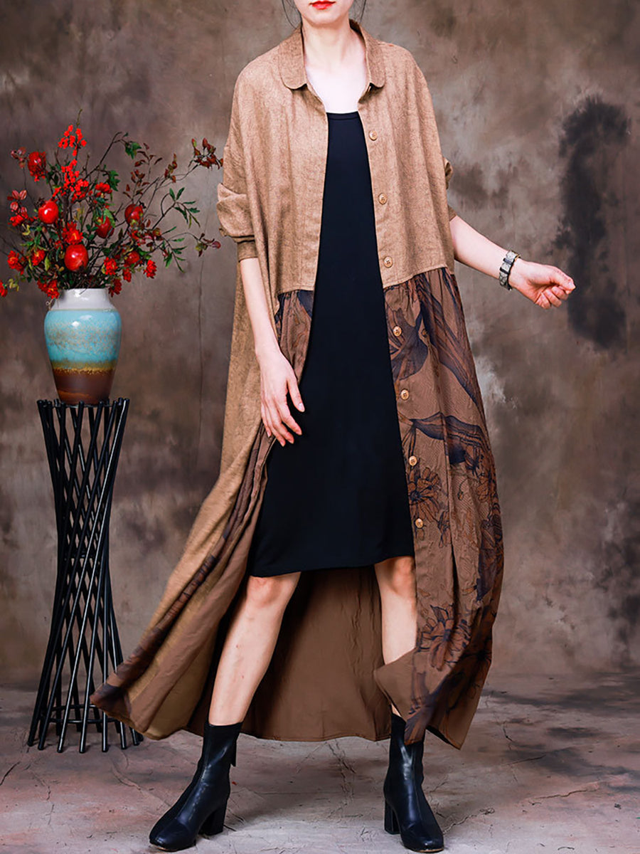 Women Cotton Linen Patchwork Vintage Long Cardigan