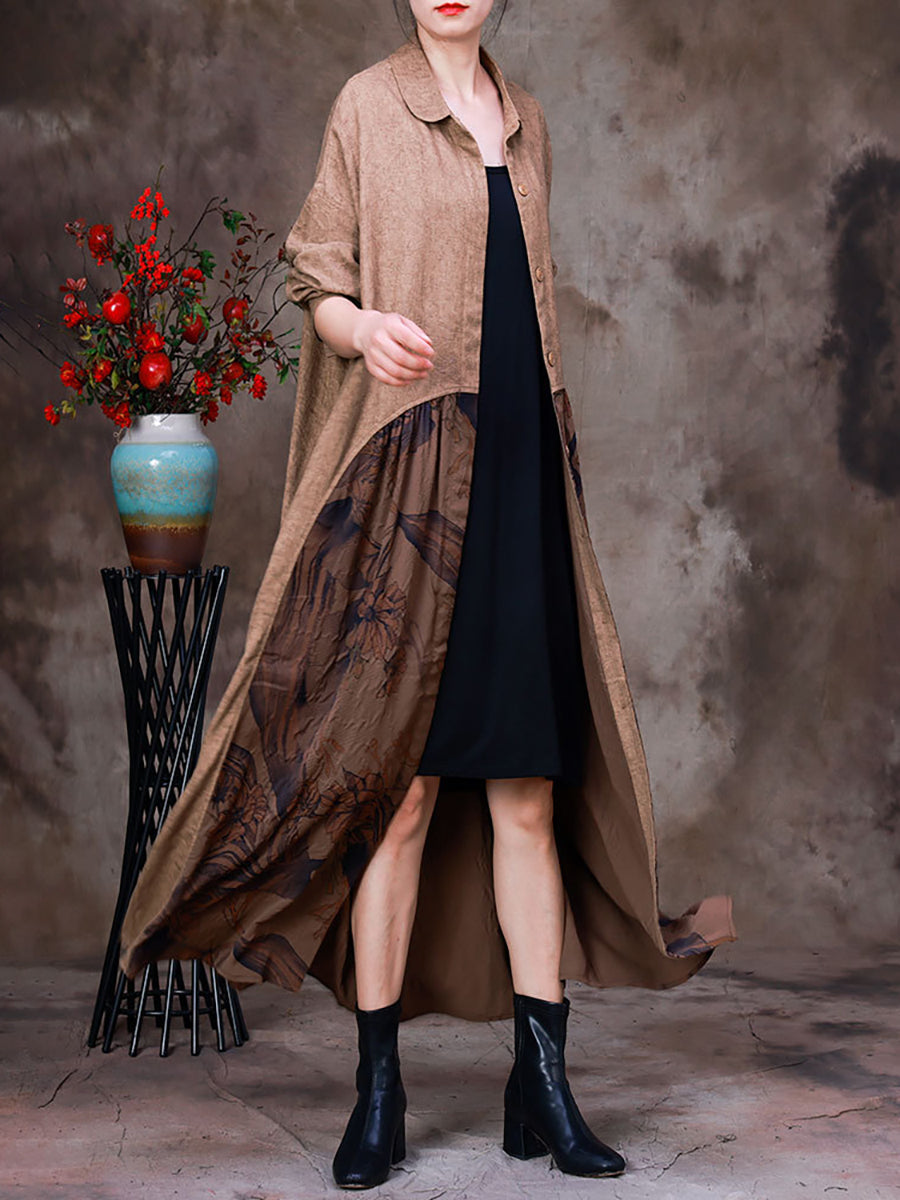 Women Cotton Linen Patchwork Vintage Long Cardigan