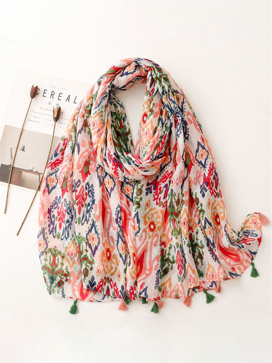 Women Multicolor Print Tassel Scarf