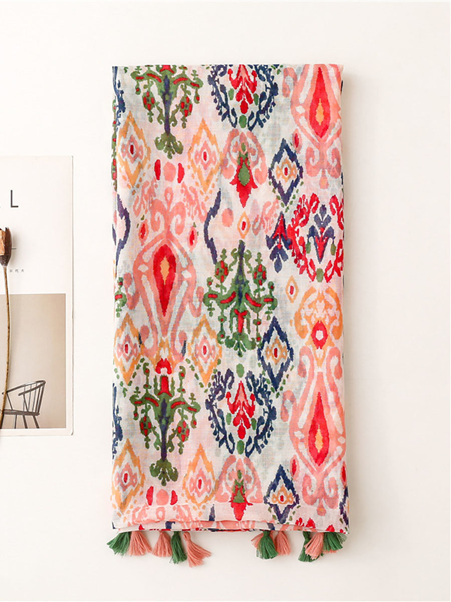 Women Multicolor Print Tassel Scarf