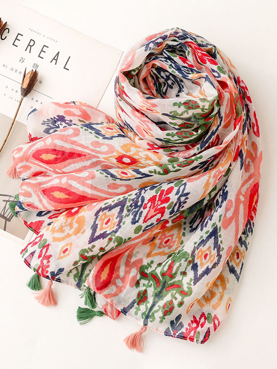 Women Multicolor Print Tassel Scarf