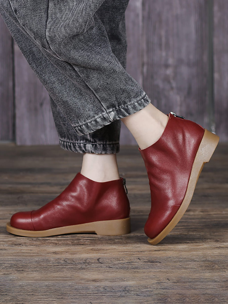 BUYKUD Handmade Genuine Leather Vintage Women Short Boots