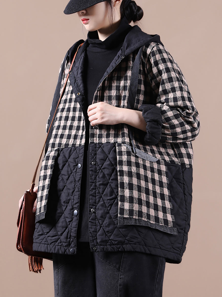 Plus Size Women Korean Style Plaid Hooded Colorblock Padded Coat