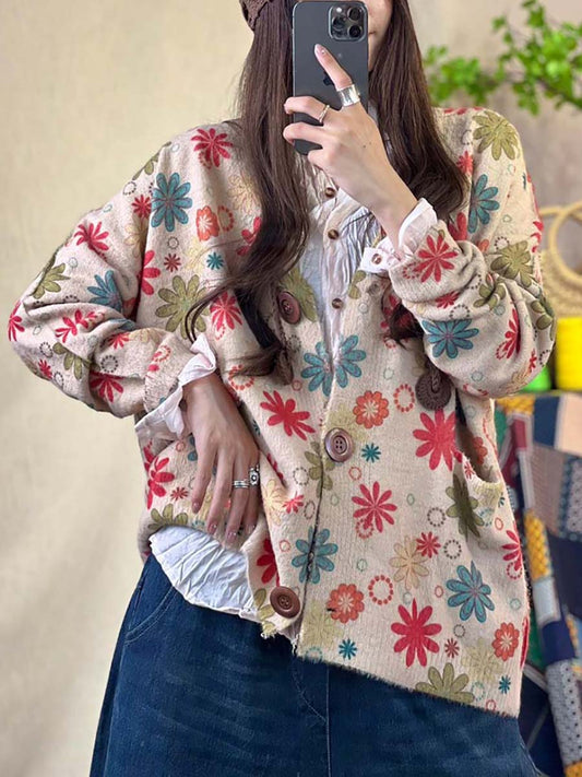 Women Floral Print Knitted Loose Sweater Coat