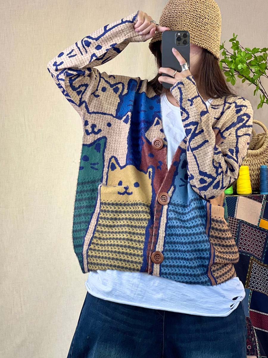 Women Floral Print Knitted Loose Sweater Coat