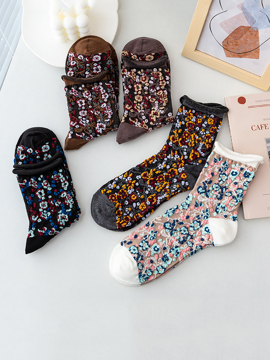 5 Pairs Winter Women Floral Jacquard Hemming Socks