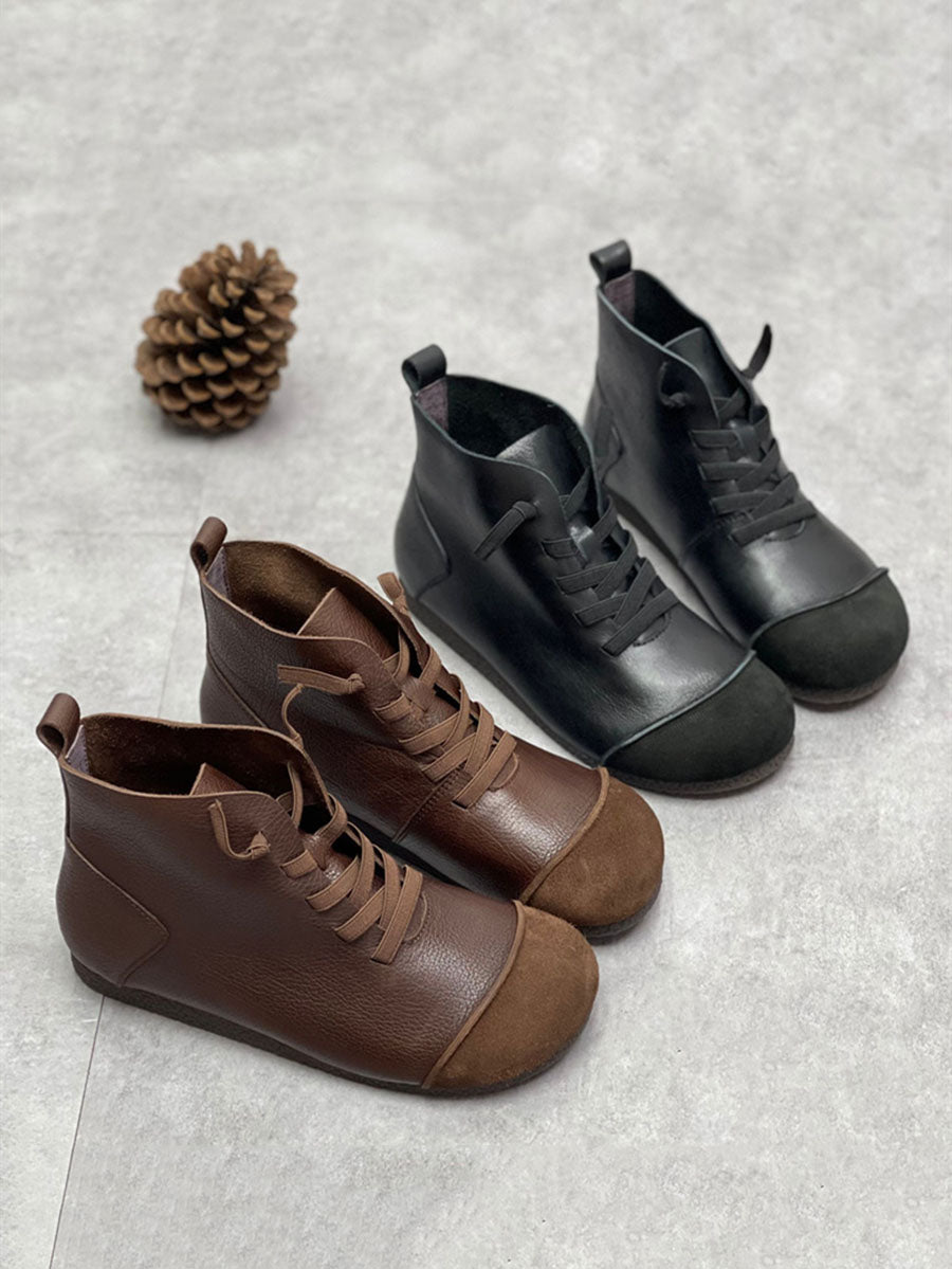 Women Winter Vintage Leather Drawstring Splicing Ankle Boots