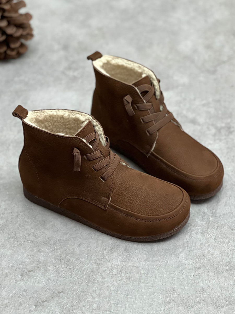 Women Vintage Drawstring Soft Leather Solid Ankle Boots