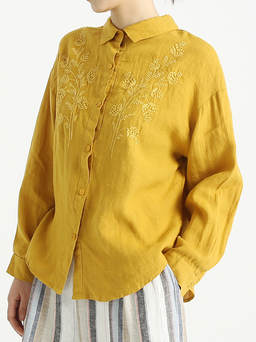 Plus Size Women Long Sleeve Linen Embroidered Loose Shirt