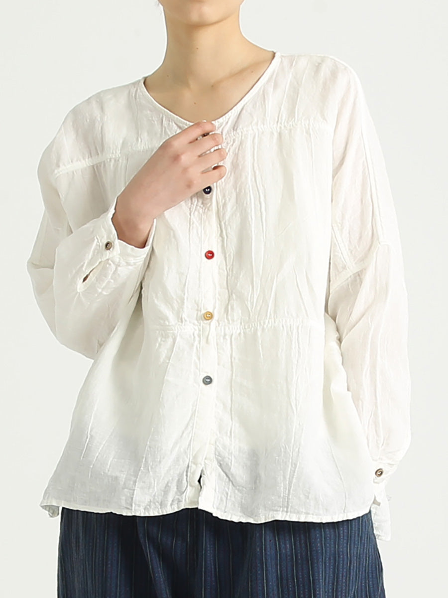 Plus Size Single Breasted Casual Linen O Neck Women Shirt