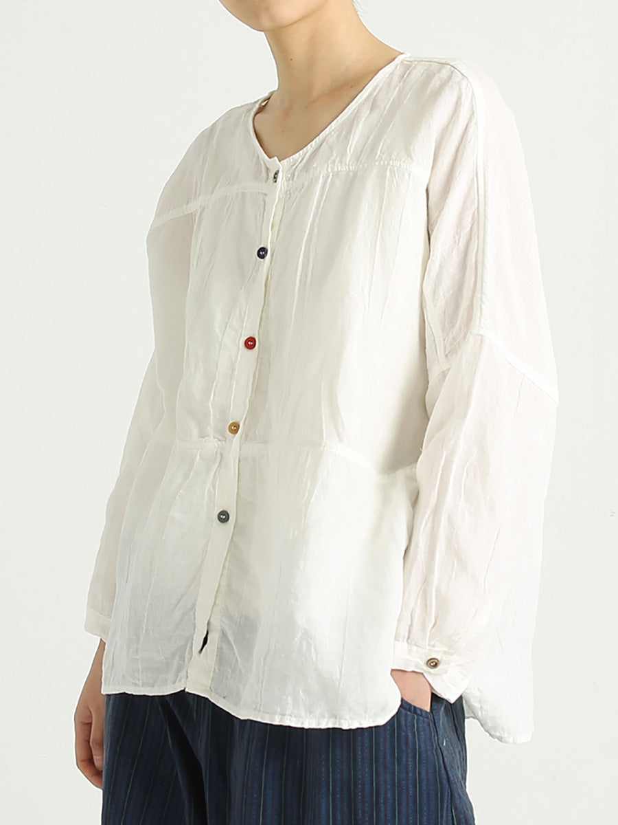 Plus Size Single Breasted Casual Linen O Neck Women Shirt