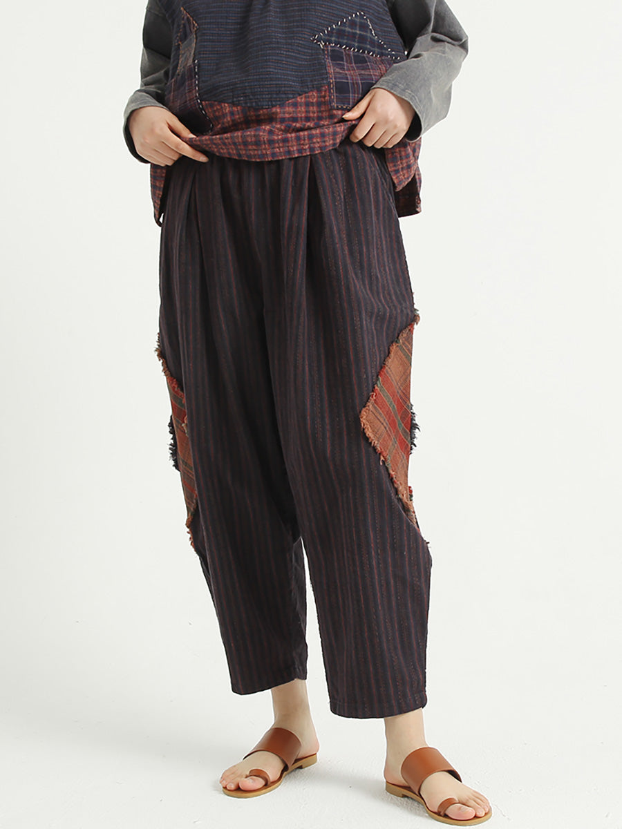 Plaid Patchwork Linen Loose Women Harem Pants