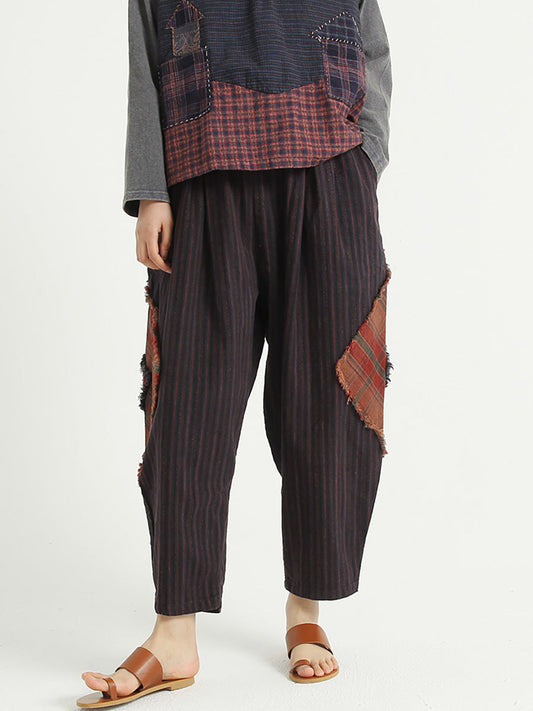 Plaid Patchwork Linen Loose Women Harem Pants