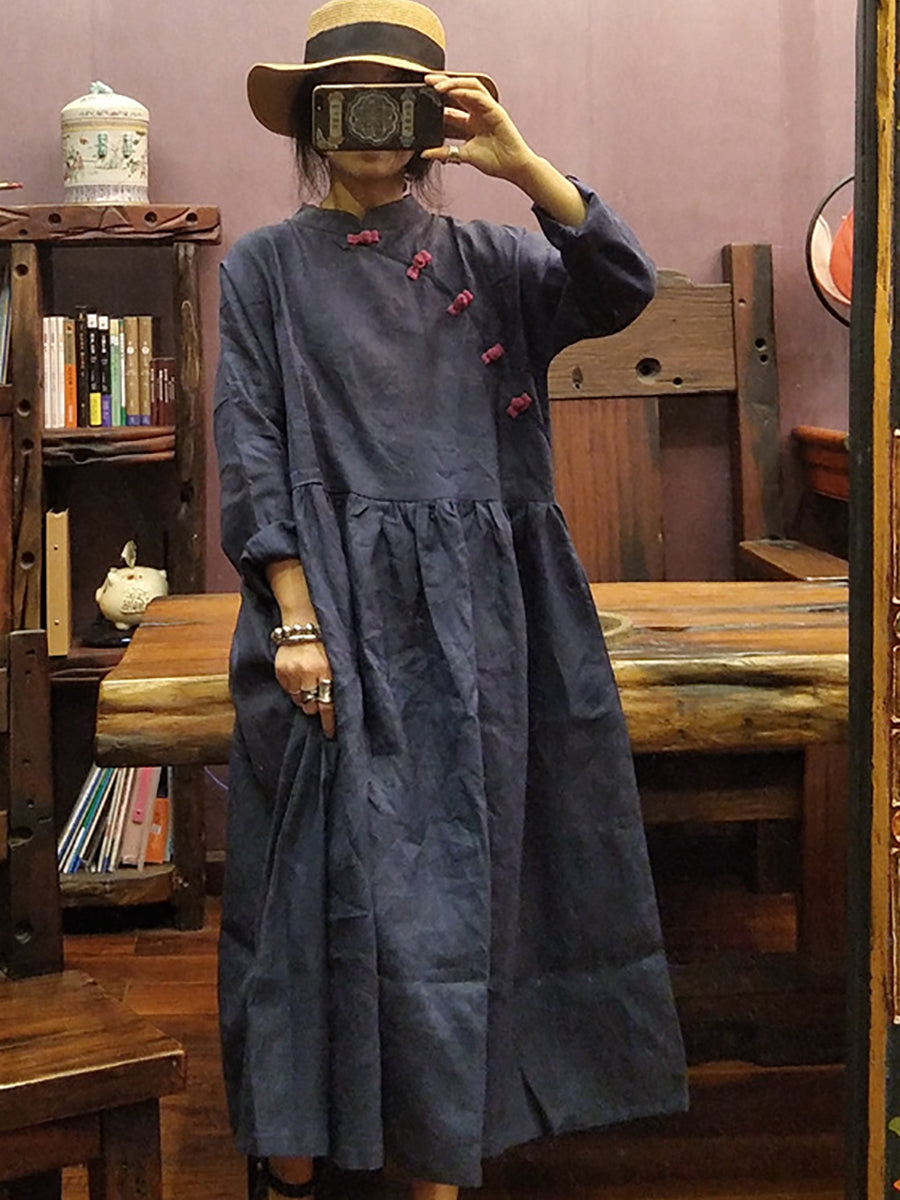 Women Chinese Style Frog Solid 100%Linen Dress