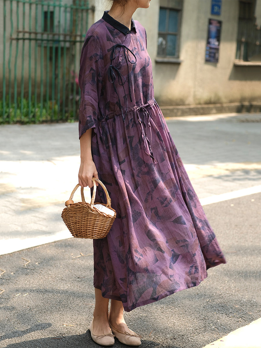 Plus Size Women Chinese Style Drawstring Print Loose Dress