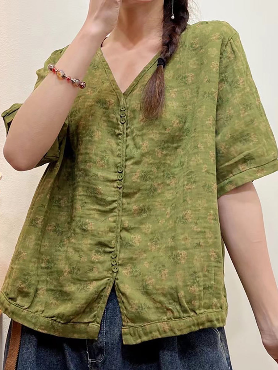 Plus Size Women Summer Floral Casual Button Loose Shirt