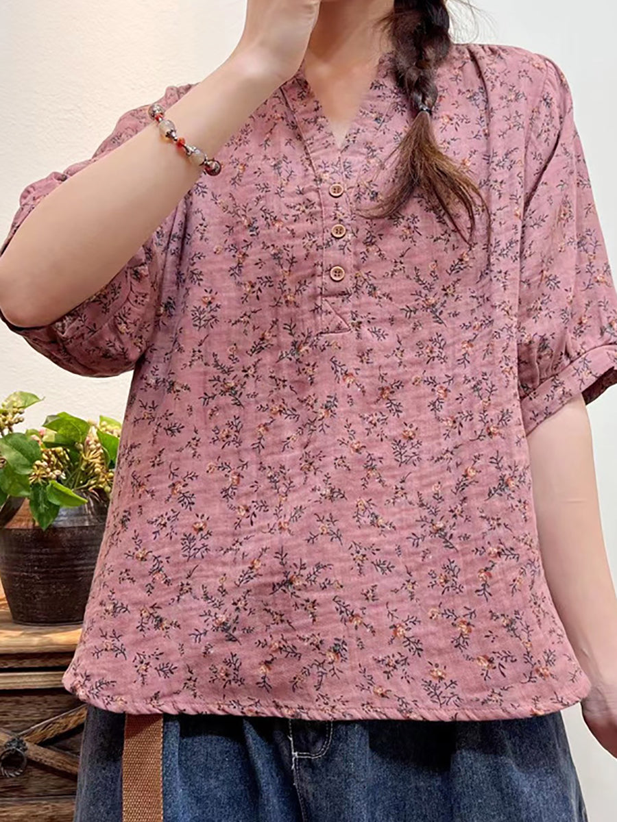 Plus Size Women Summer Artsy Floral Button Loose Shirt